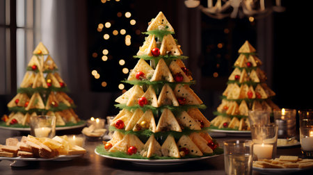 Christmas tree made of cheese and vegetables on a table at home.の素材