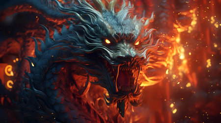 Dragon head in the fire. 3D illustration of a fantasy dragon.の素材