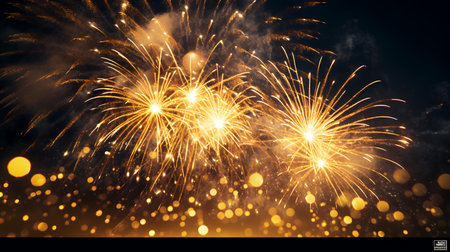 Colorful fireworks with bokeh lights on dark night sky backgroundの素材