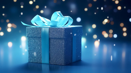 Blue gift box with blue bow on bokeh background. 3D renderingの素材