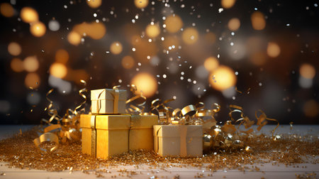Gift boxes with golden confetti on bokeh background.の素材