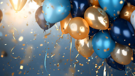 3d illustration of blue and golden balloons with confetti and ribbonsの素材