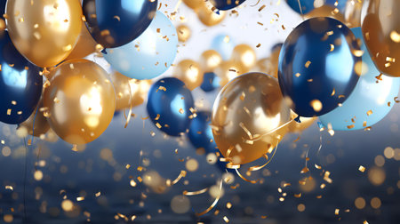 3d render of golden and blue balloons with confetti flying in the airの素材