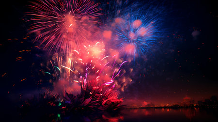 Colorful fireworks of various colors over night sky with reflection on waterの素材