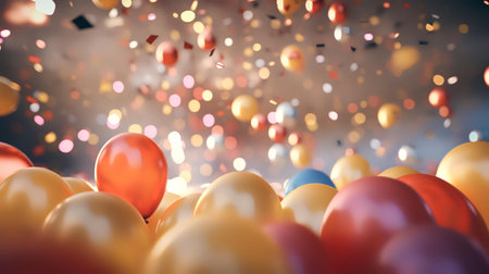 Colorful balloons and confetti on a bokeh background.の素材