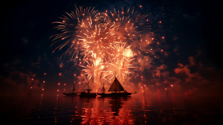 Fireworks in the night sky with sailboat floating on the waterの素材