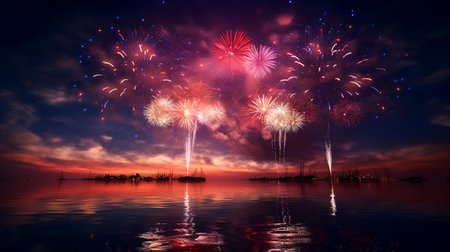 Colorful fireworks of various colors over night sky with reflection on waterの素材