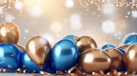 Blue and golden balloons with ribbons on bokeh background. 3D illustrationの素材
