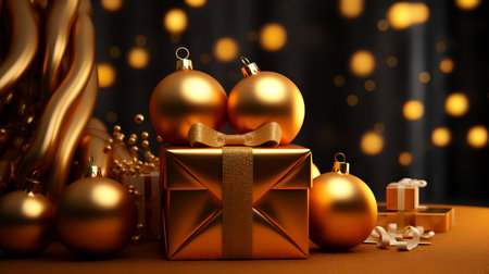 Christmas baubles and gift box on bokeh background 3D renderingの素材
