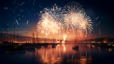 Colorful fireworks of various colors over night sky and silhouette of boatsの素材