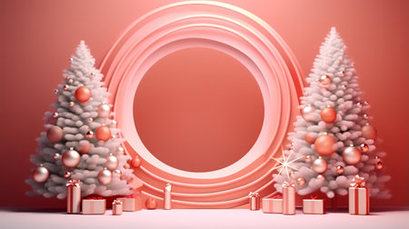 3d render of Christmas background with tree, gift boxes and ballsの素材