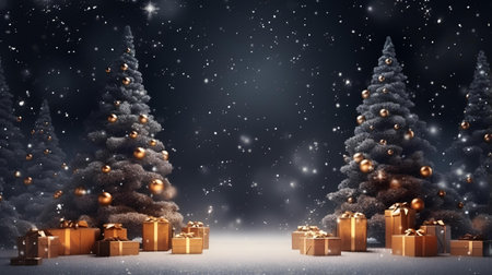 3d render of christmas background with golden gift boxes and treeの素材