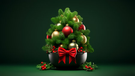 Christmas tree with red and golden baubles on green background. 3D renderingの素材