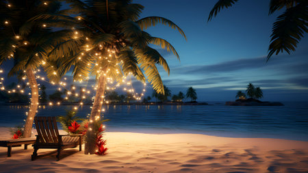 Beach with palm trees, chairs and lights on the sand.の素材