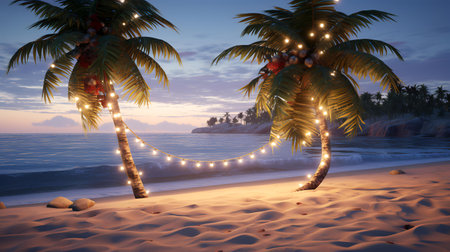 Coconut palm tree with garland lights on the beach at sunsetの素材