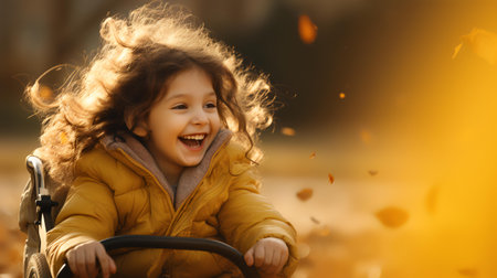 Happy little girl having fun in autumn park. Cute child having fun outdoors.の素材