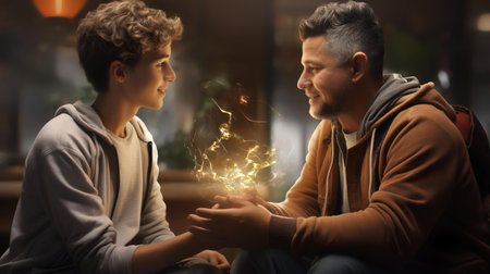 father and son having fun with sparklers at night in living roomの素材