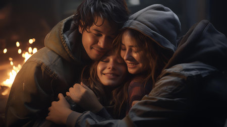 Young couple in love lying in front of a fireplace at night.の素材