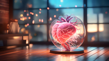 Human heart in a glass ball. 3d rendering. Toned image.の素材