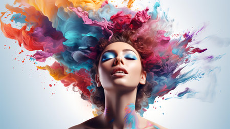 Portrait of a beautiful young woman with bright make-up and colorful smoke.の素材