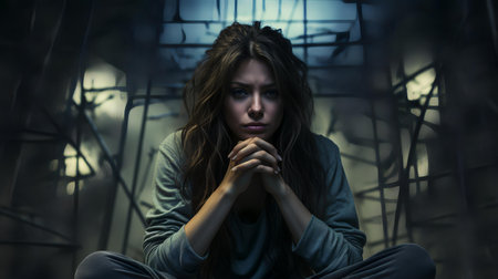 Depressed young woman sitting in abandoned building. Mental health concept.の素材