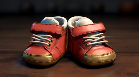 Red baby shoes on a wooden background. 3d render. Studio shot.の素材