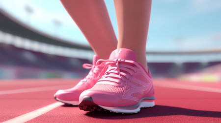 Close up of female legs in pink running shoes on a stadium track.の素材