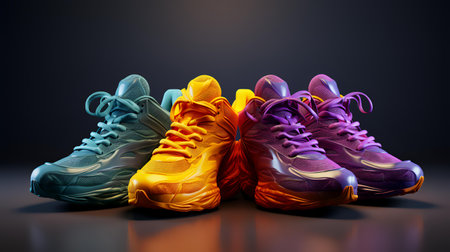 Colorful sport shoes on dark background. 3d render illustration.の素材