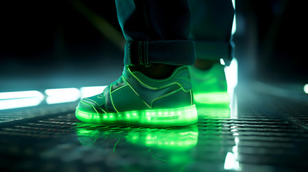 Futuristic sneakers in neon light. Close-up of man's foot in sneakers.の素材