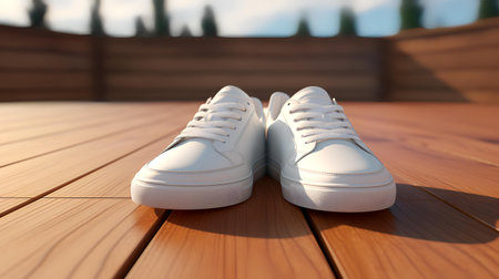 White sneakers on a wooden terrace. 3d rendering. Close up.の素材