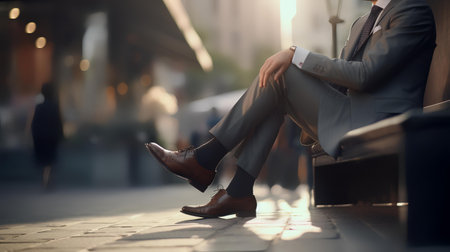 Businessman sitting on a bench in the city at sunset. Business conceptの素材