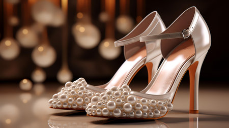 Wedding shoes with pearls. 3D illustration. Selective focus.の素材