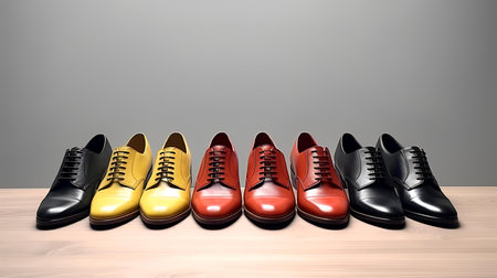 Row of black and red leather shoes on wooden table over grey backgroundの素材