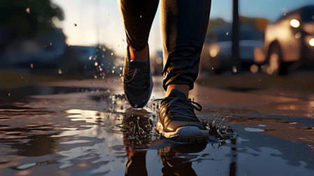 Young woman in sports shoes running in a puddle at sunset.の素材