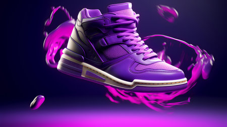 3d rendering of a sneaker on a purple background with splashesの素材