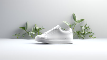 White sneaker on white background with green leaves. 3d renderingの素材