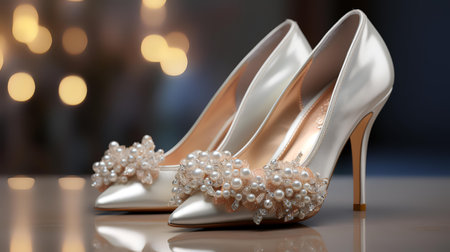 Wedding shoes with pearls. 3d illustration. Bokeh backgroundの素材