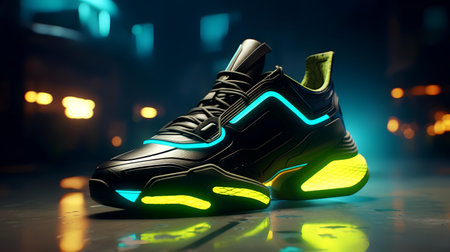 Running shoes with neon lights on a dark background. Sport and healthy lifestyle concept.の素材