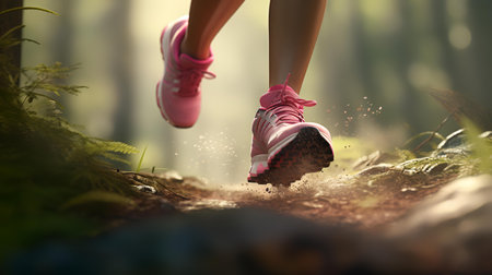 Runner athlete running on forest trail. fitness woman fitness jogging workout wellness concept.の素材