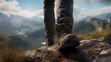 Hiking boots on top of a mountain in the mountains, trekking conceptの素材