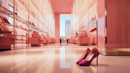 Red high heel shoes in a shoe store 3d rendering image.の素材
