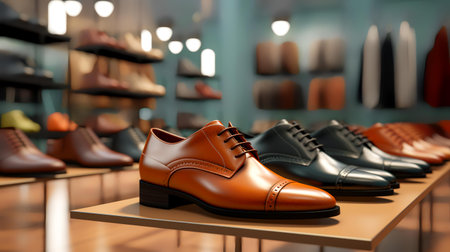 Men's leather shoes in a store. 3d render illustration.の素材