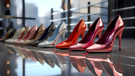 Red and black women's shoes on a shop window. 3d renderingの素材