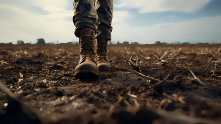 Close-up of a man's feet in boots on a plowed agricultural field.の素材