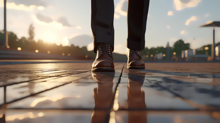 Low section of businessman standing on floor in city at sunset, low angle viewの素材