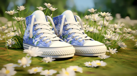 Blue sneakers on a green meadow with flowers. 3d illustrationの素材