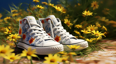White sneakers on a background of yellow daisies and grass.の素材