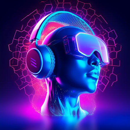 3d illustration of a female head with headphones listening to music.の素材