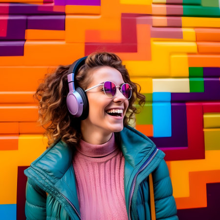 Portrait of a happy young woman listening to music with headphones over colorful backgroundの素材
