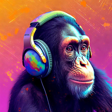 Chimpanzee in headphones listening to music. 3D illustration.の素材